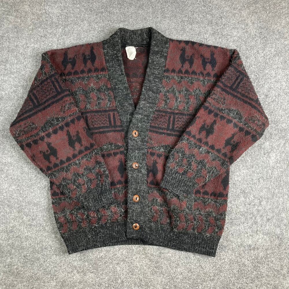 Vintage Cardigan Womens M Red Gray Wool Blend Western Horse Button Sweater